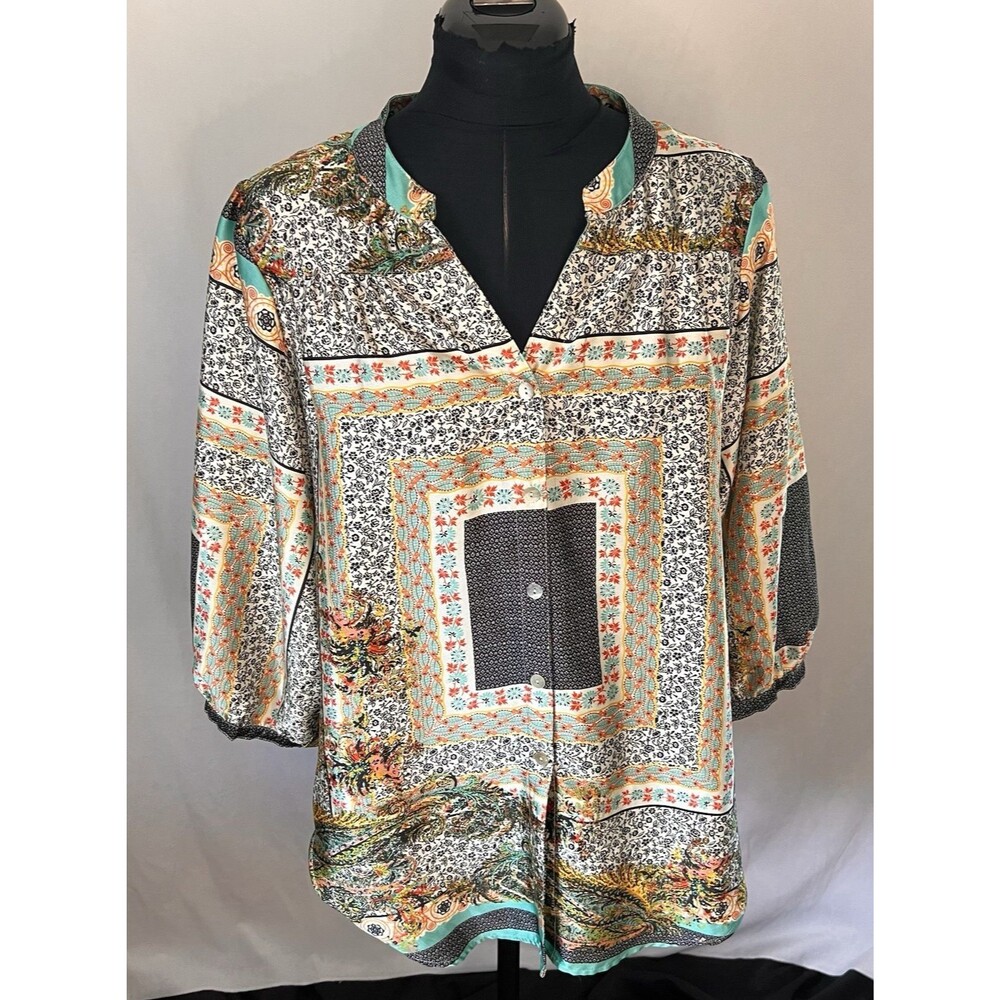 igueroa & Flower Boho Patchwork Print Blouse Size L Sheer 3/4 Sleeve Tunic